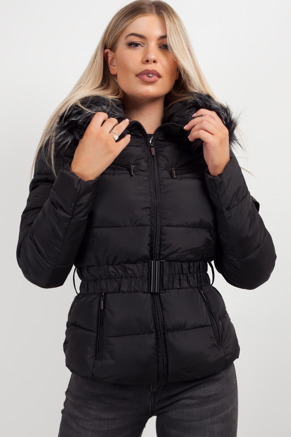 Reya | Women’s belted puffer jacket with faux-fur hood