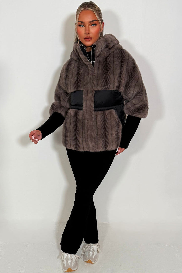 Meagan | Women’s faux fur hooded jacket with contrast pockets
