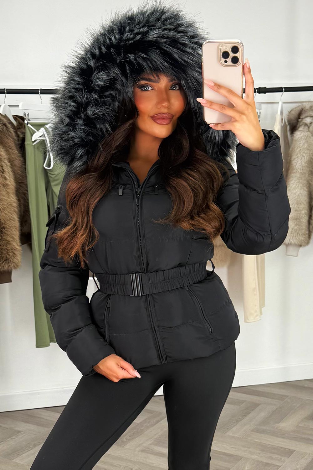 Reya | Women’s belted puffer jacket with faux-fur hood