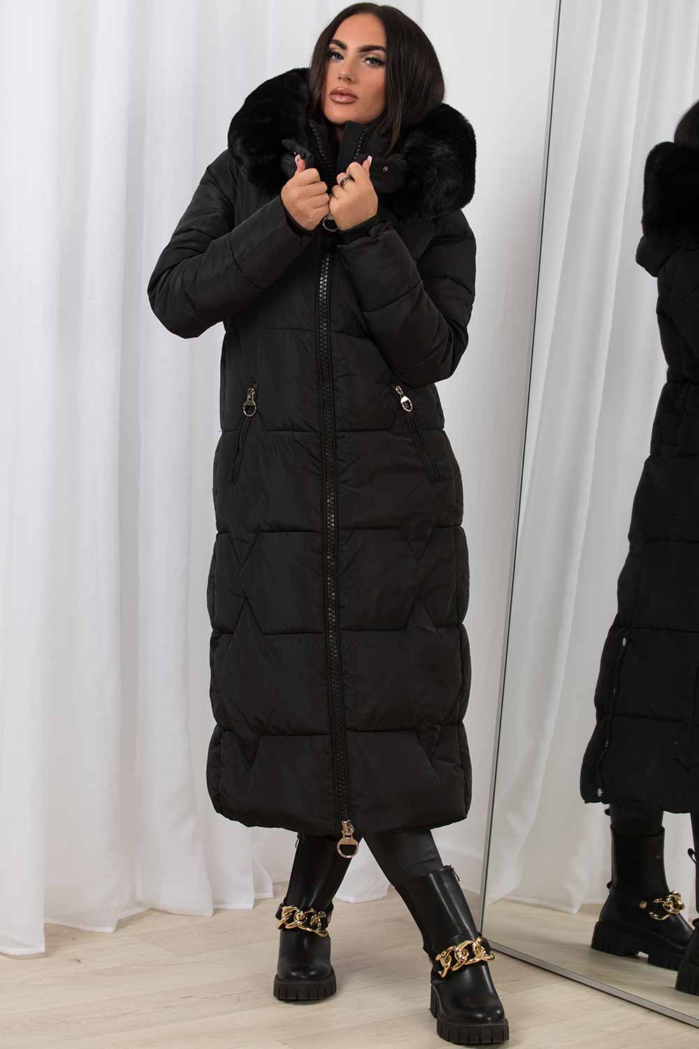 Adaline | Women’s long puffer padded coat with faux fur hood