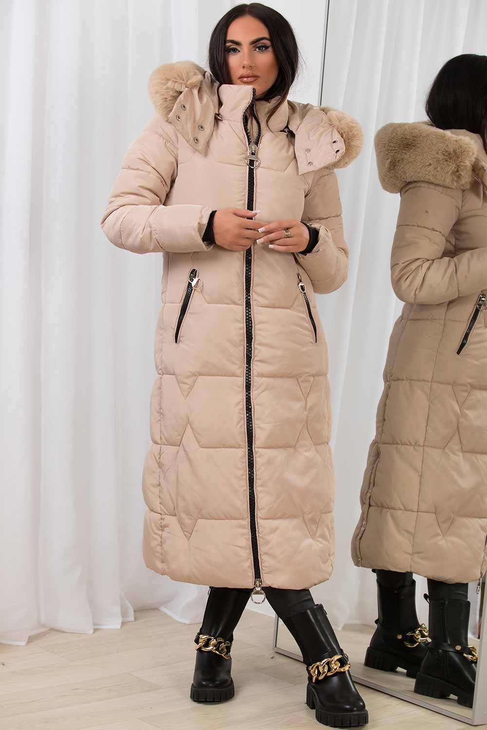 Arleth | Women’s long puffer padded coat with faux fur hood
