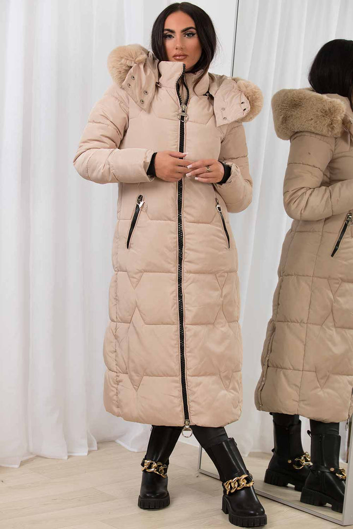 Arleth | Women’s long puffer padded coat with faux fur hood