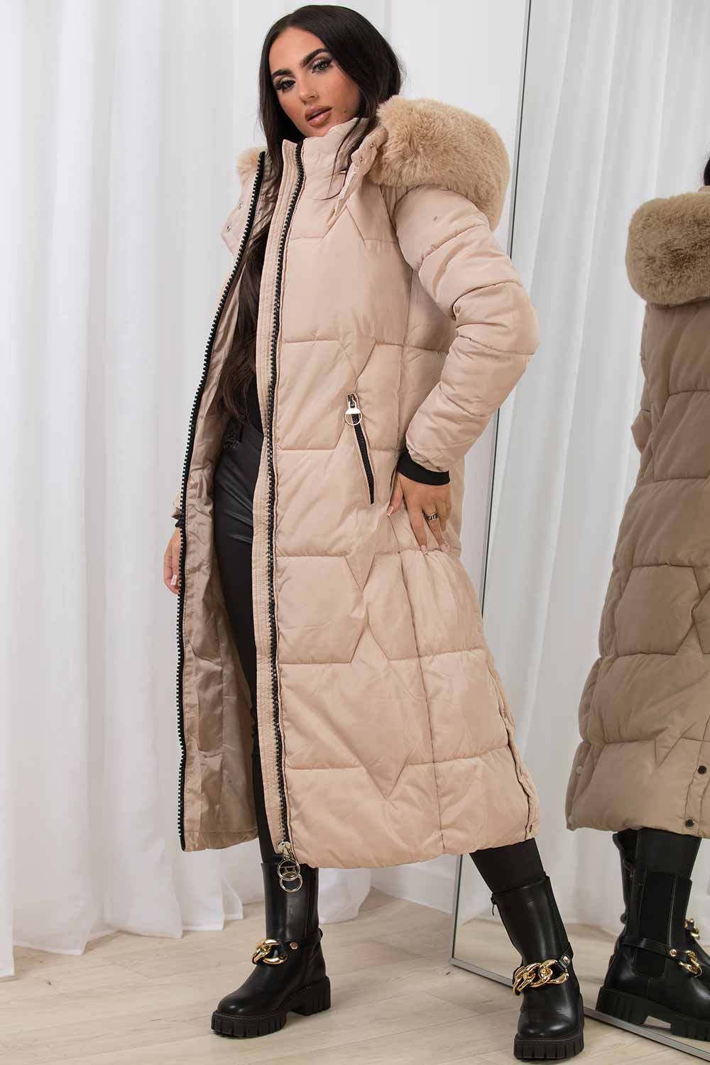 Arleth | Women’s long puffer padded coat with faux fur hood