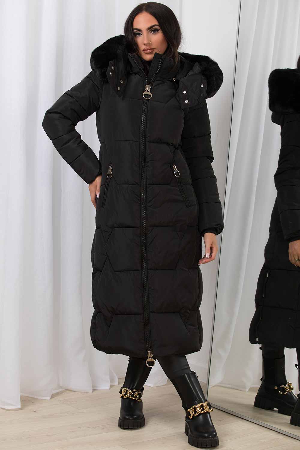 Adaline | Women’s long puffer padded coat with faux fur hood
