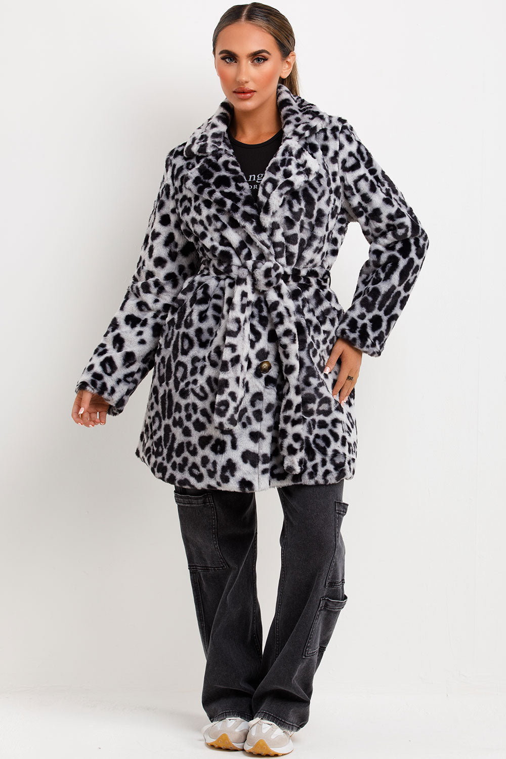 Arlieh | Women’s leopard print faux fur belted coat