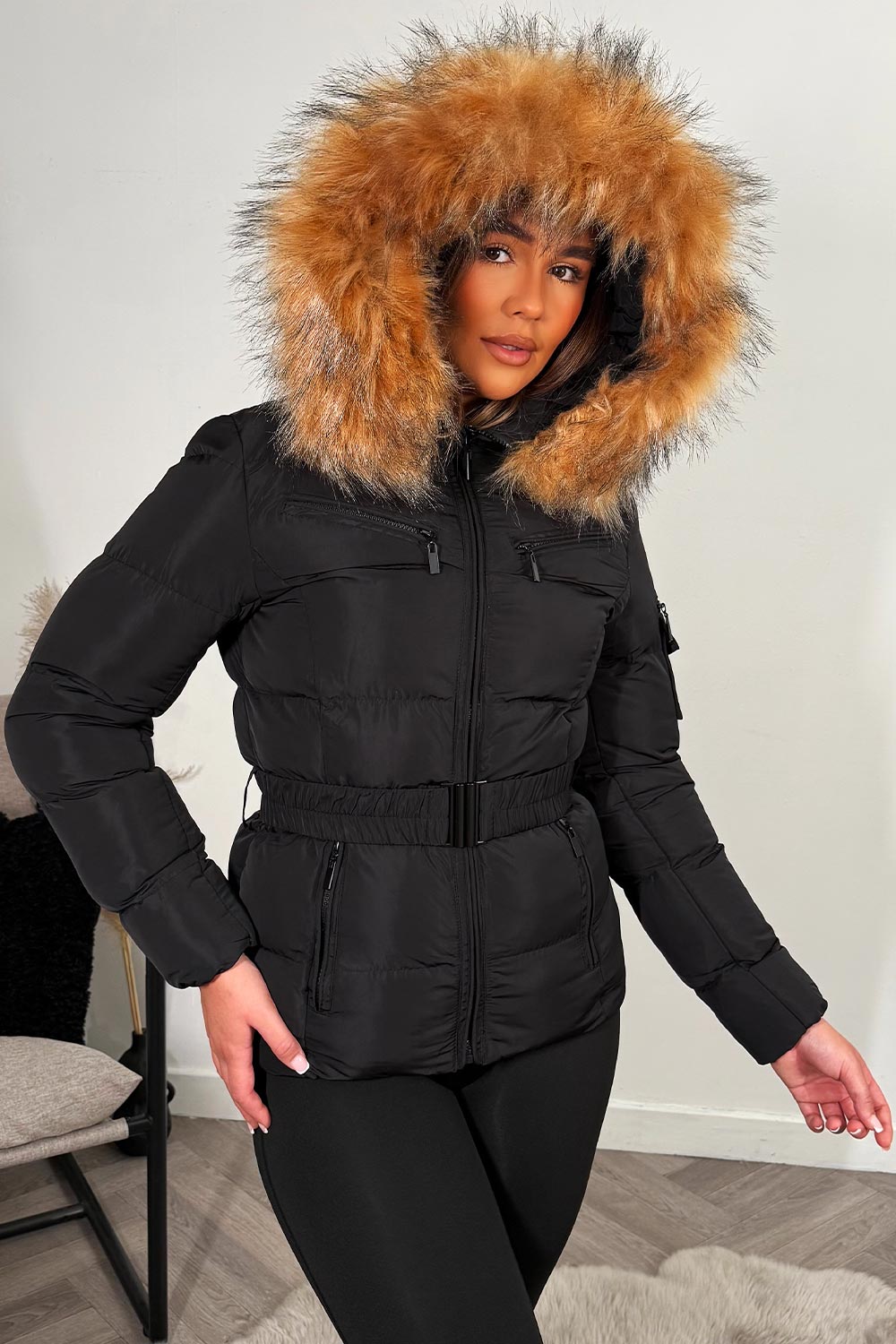 Ameliee | Women’s belted puffer jacket with faux fur hood