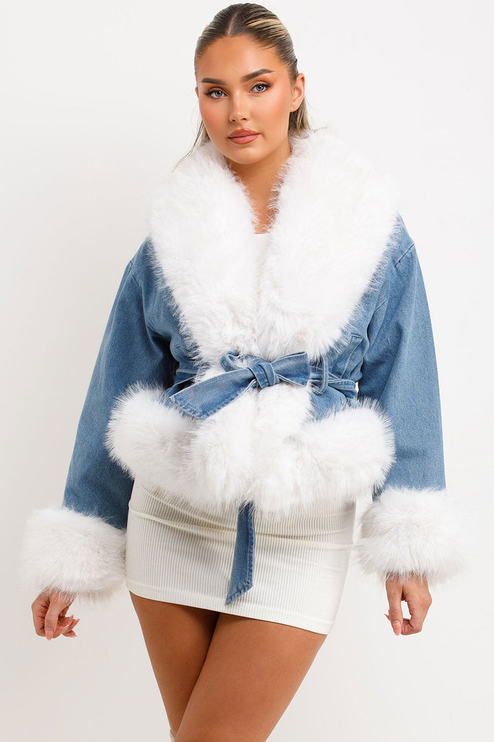 Faelynn | Women’s faux fur denim jacket with belt