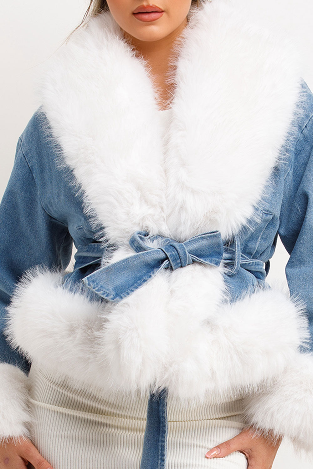 Faelynn | Women’s faux fur denim jacket with belt