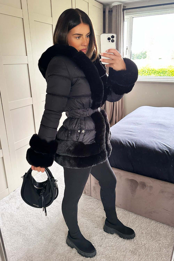 Rayna | Women’s belted puffer jacket with luxury faux fur trim