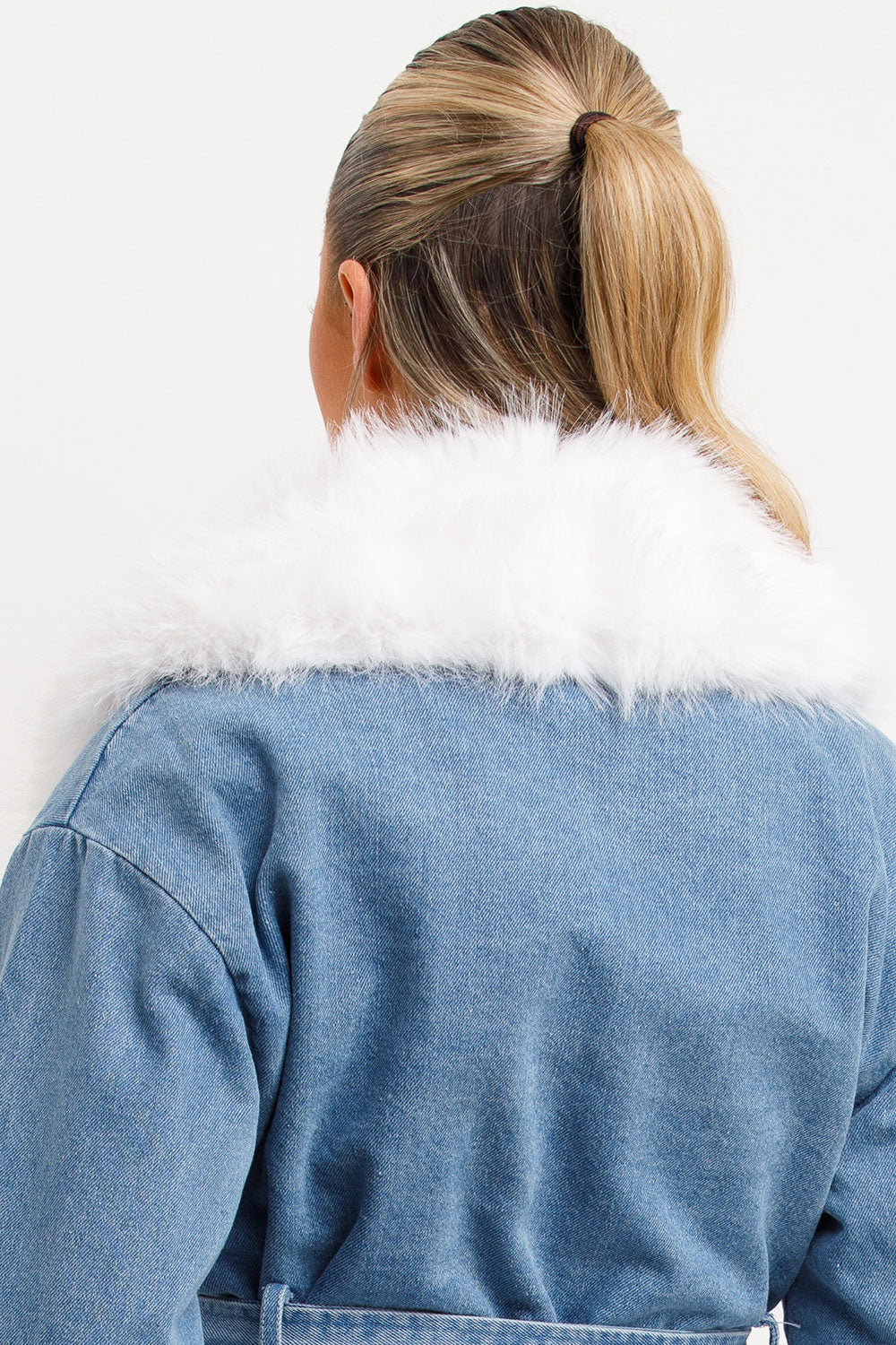 Faelynn | Women’s faux fur denim jacket with belt