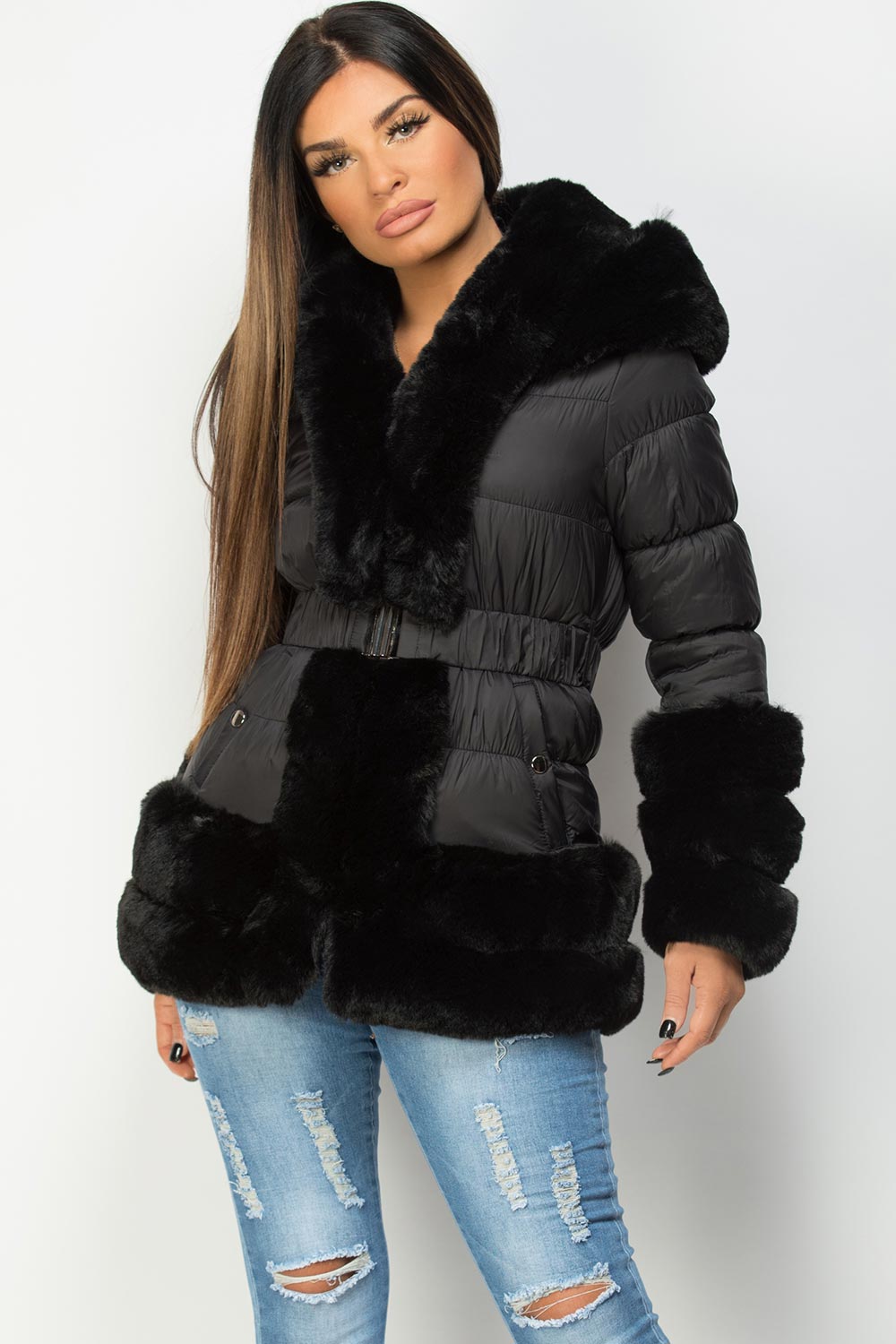 Rayna | Women’s belted puffer jacket with luxury faux fur trim
