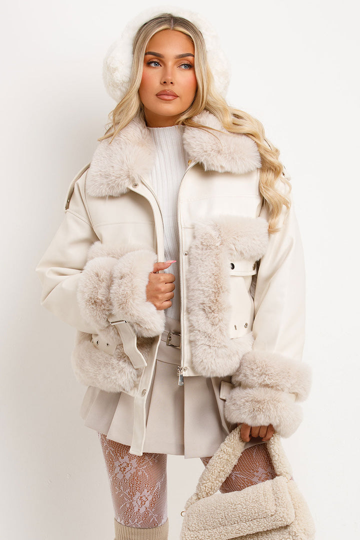 Callista | Women’s faux leather jacket with faux fur trim
