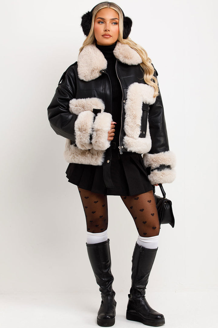 Jayla | Women’s faux leather jacket with contrast faux fur trim