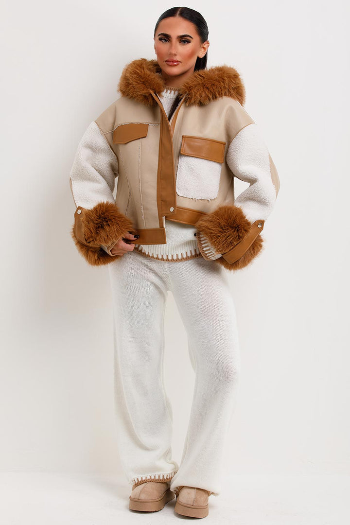 Neriah | Women’s shearling faux leather jacket with luxe faux fur hood