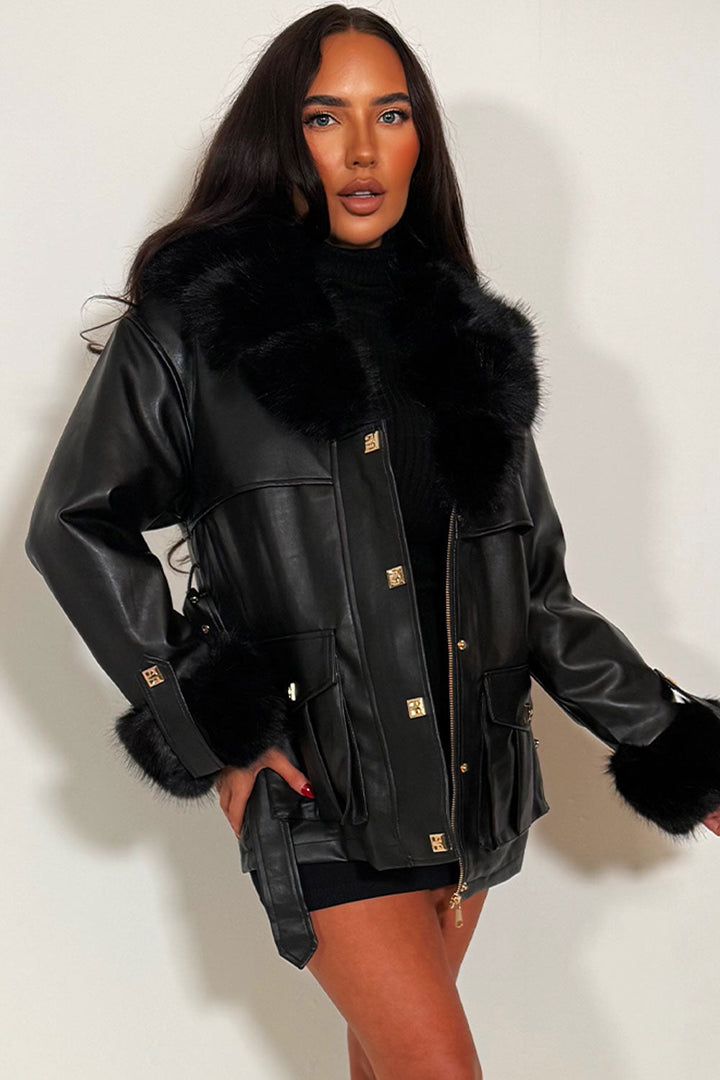 Kenna | Women’s faux leather jacket with detachable faux fur collar and cuffs