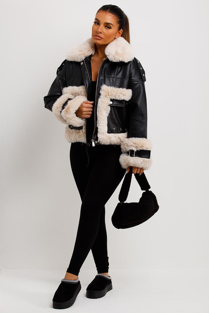 Jayla | Women’s faux leather jacket with contrast faux fur trim