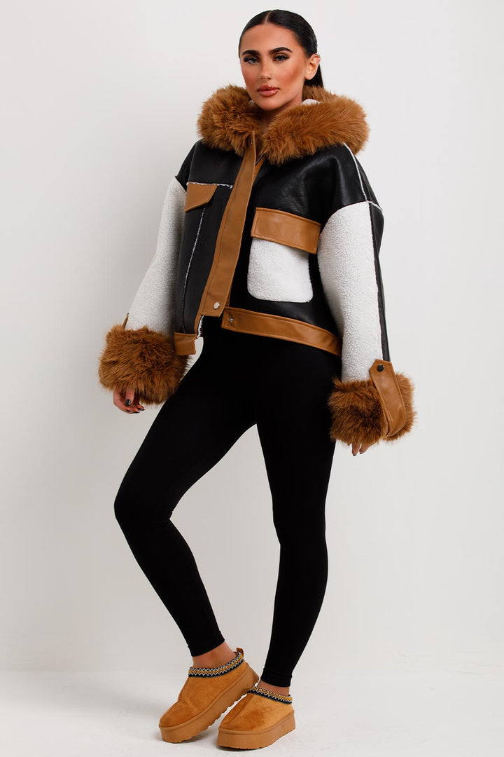 Leanna | Women’s shearling faux leather jacket with faux fur hood