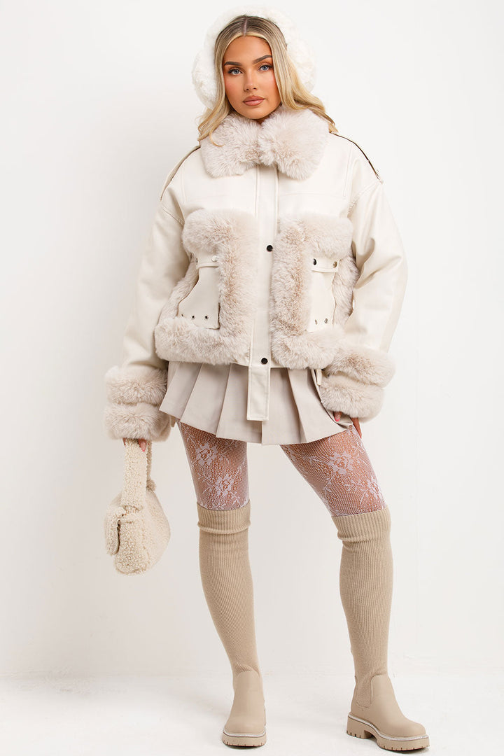 Callista | Women’s faux leather jacket with faux fur trim