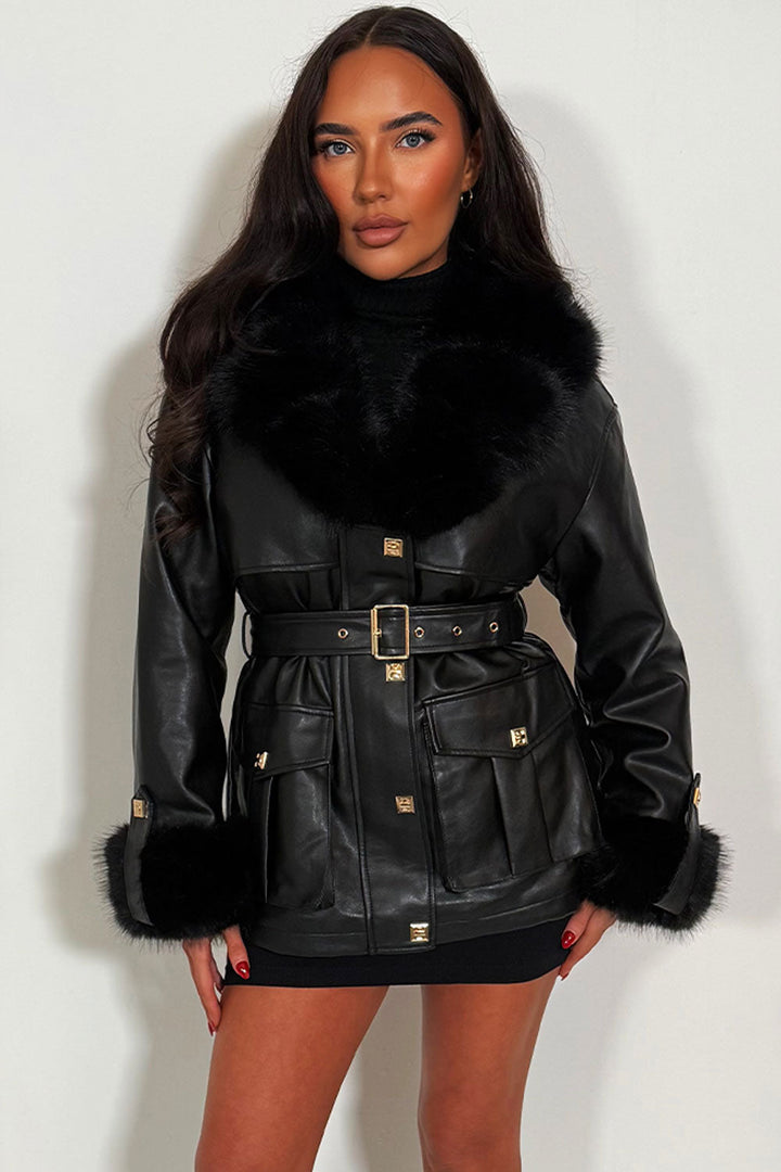 Kenna | Women’s faux leather jacket with detachable faux fur collar and cuffs