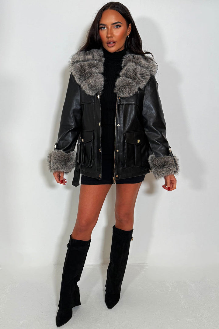 Yaneli | Women’s faux leather jacket with faux fur collar and cuffs