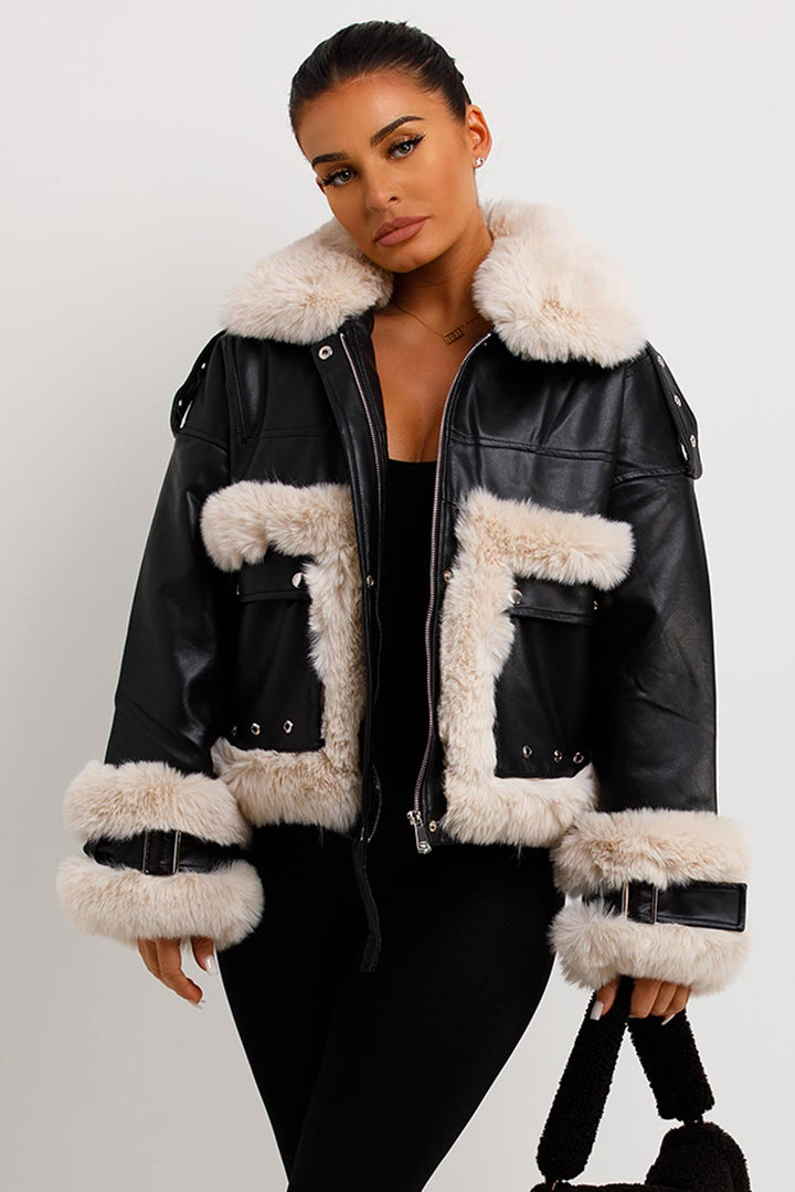 Jayla | Women’s faux leather jacket with contrast faux fur trim