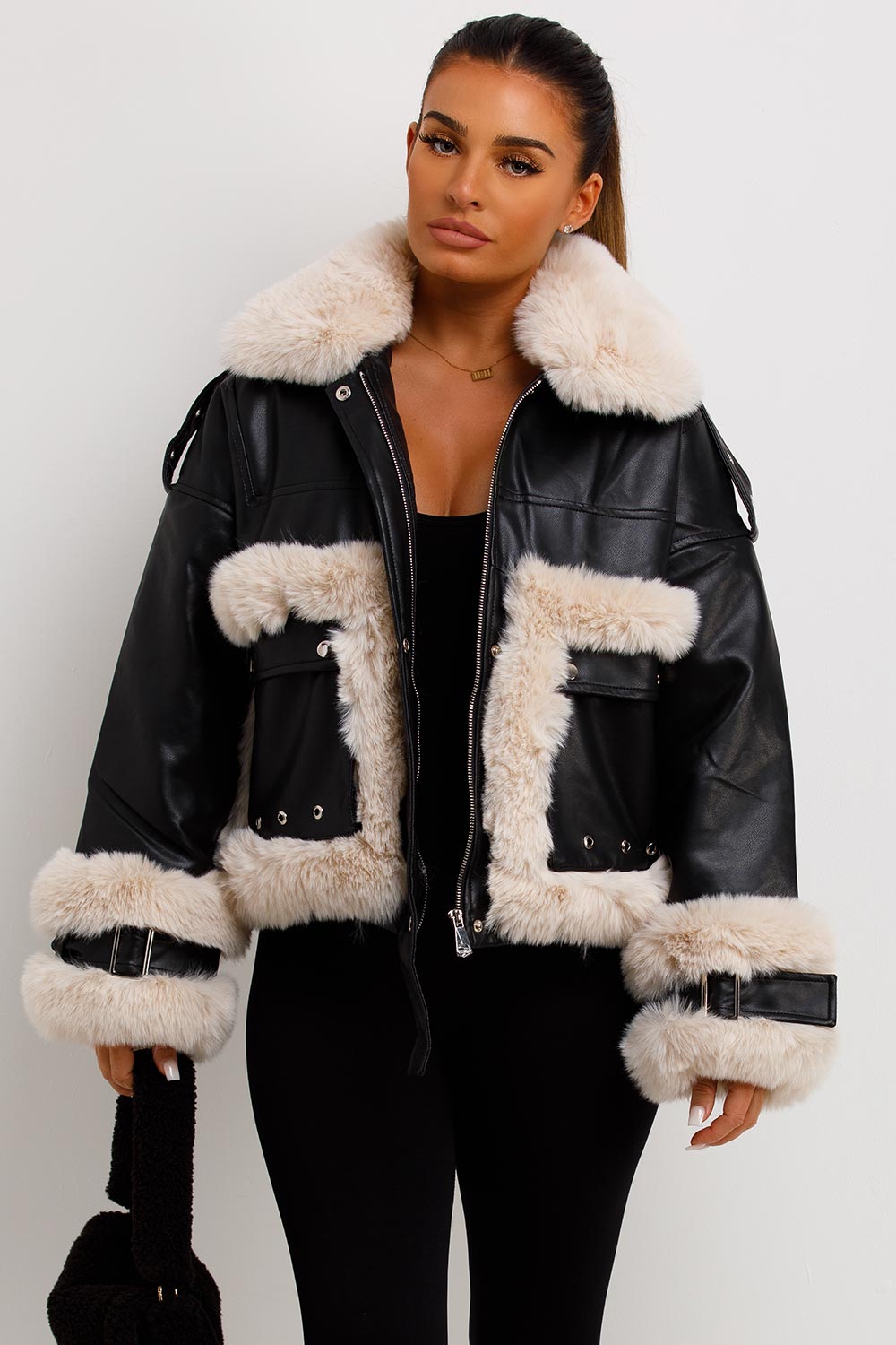 Jayla | Women’s faux leather jacket with contrast faux fur trim