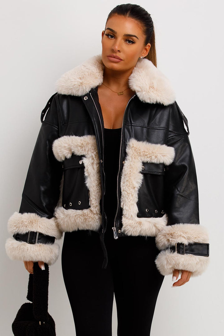 Jayla | Women’s faux leather jacket with contrast faux fur trim