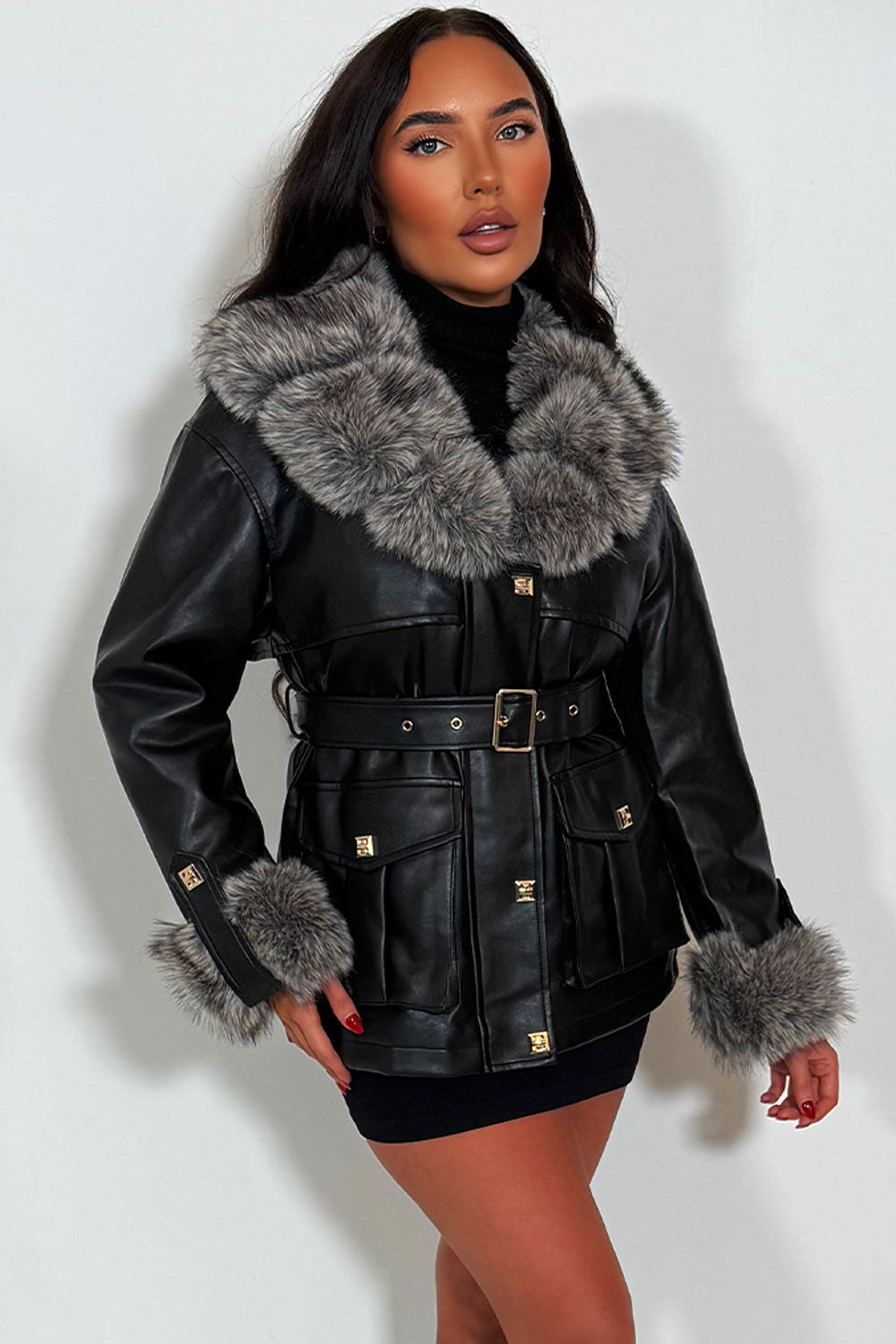 Yaneli | Women’s faux leather jacket with faux fur collar and cuffs