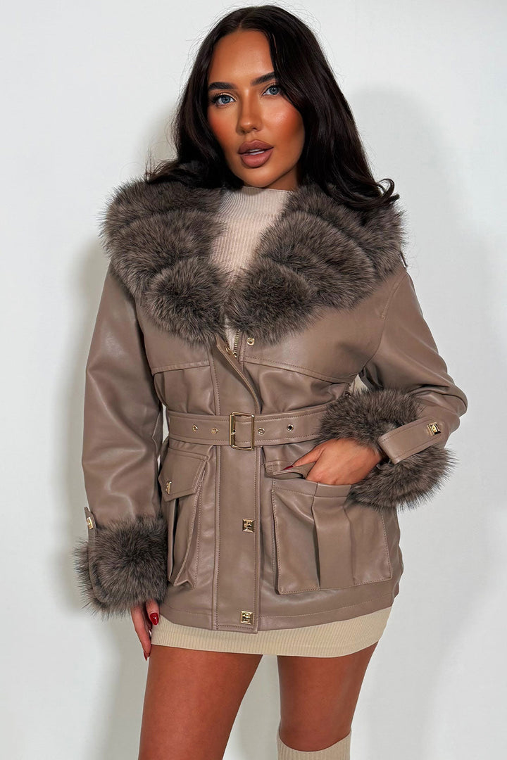 Zaria | Women’s faux leather jacket with detachable faux fur collar and cuffs