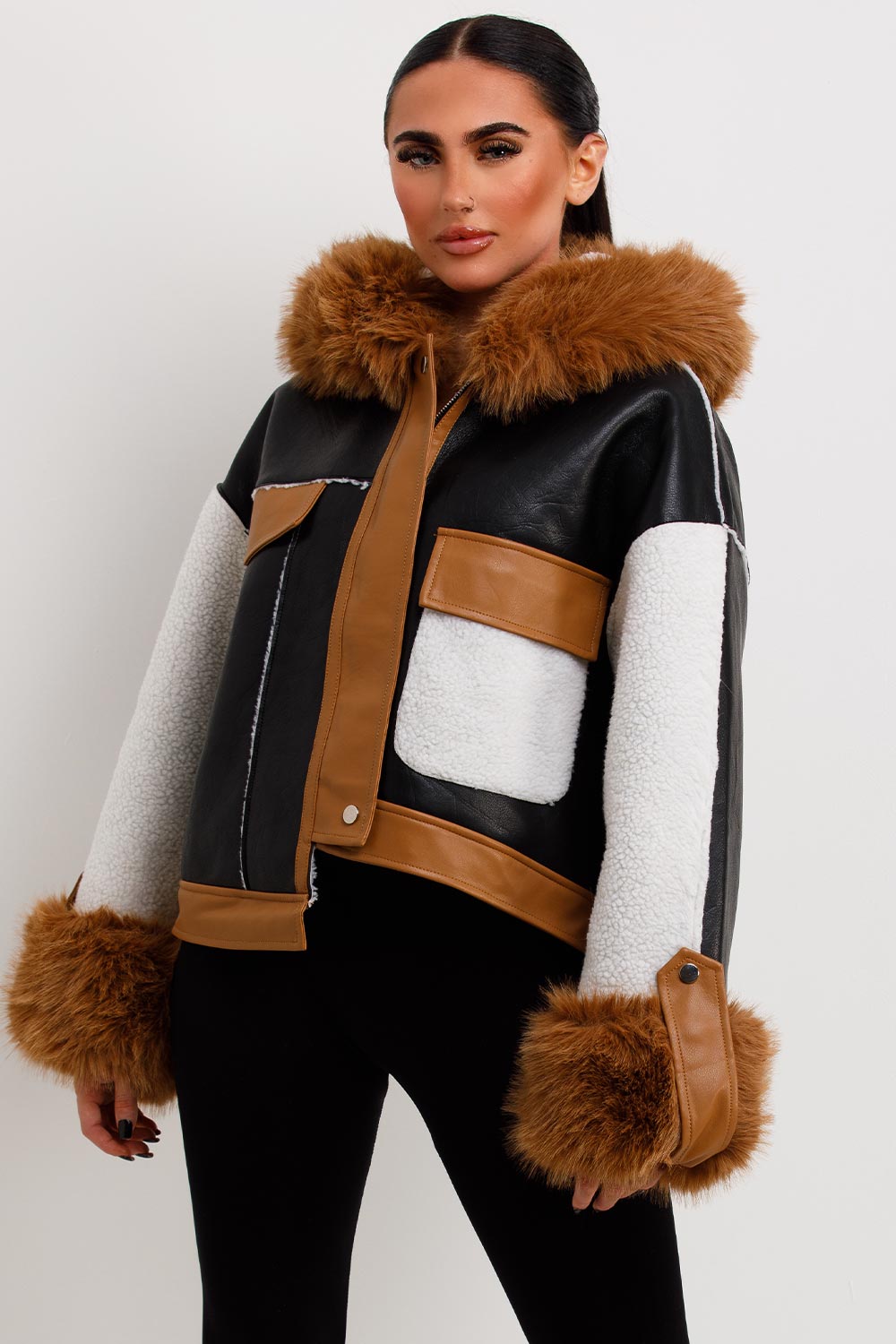 Leanna | Women’s shearling faux leather jacket with faux fur hood
