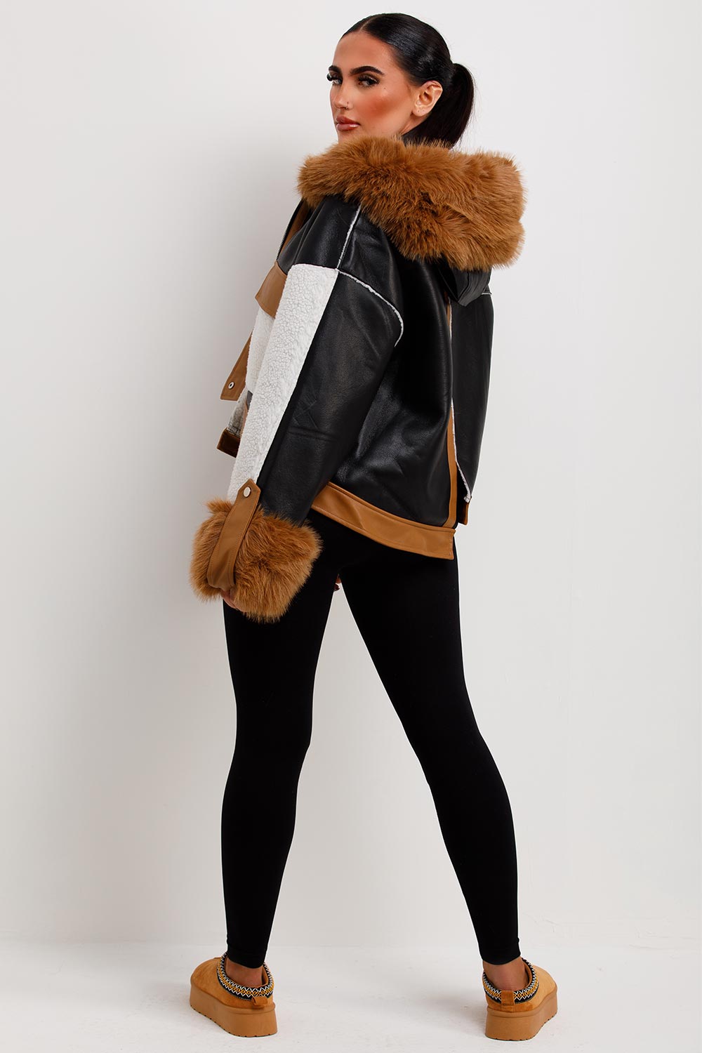 Leanna | Women’s shearling faux leather jacket with faux fur hood