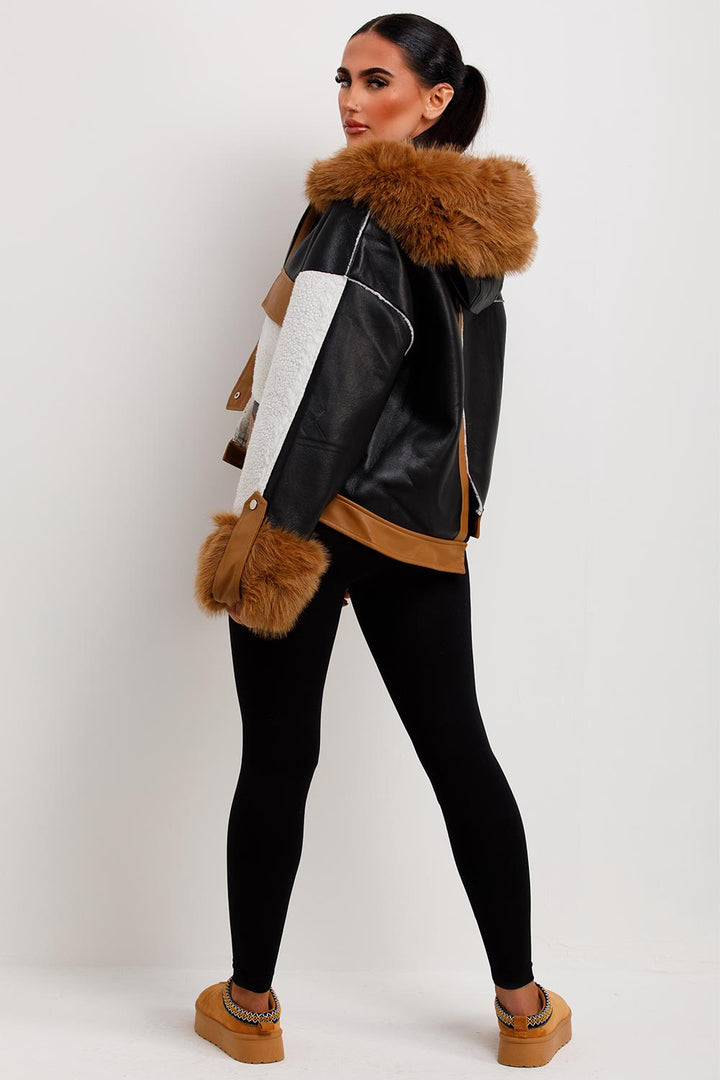 Leanna | Women’s shearling faux leather jacket with faux fur hood
