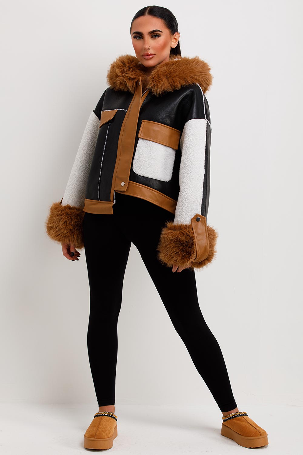 Leanna | Women’s shearling faux leather jacket with faux fur hood