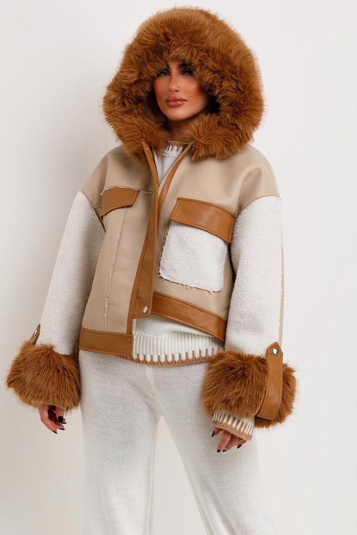 Neriah | Women’s shearling faux leather jacket with luxe faux fur hood
