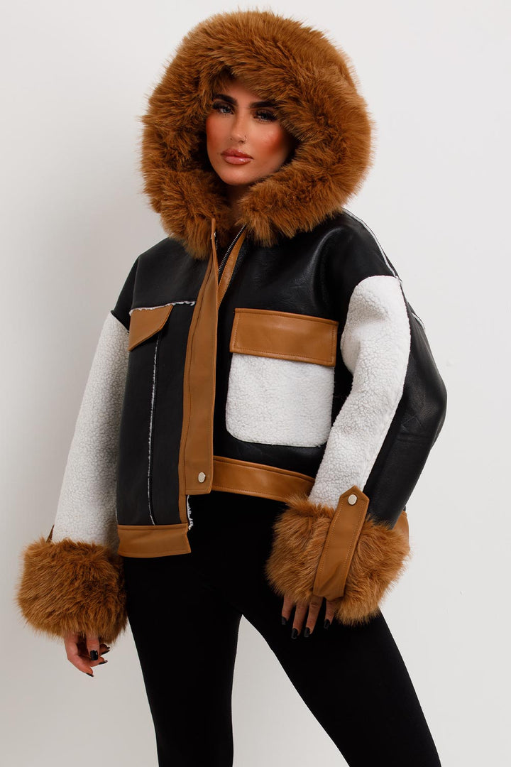Leanna | Women’s shearling faux leather jacket with faux fur hood