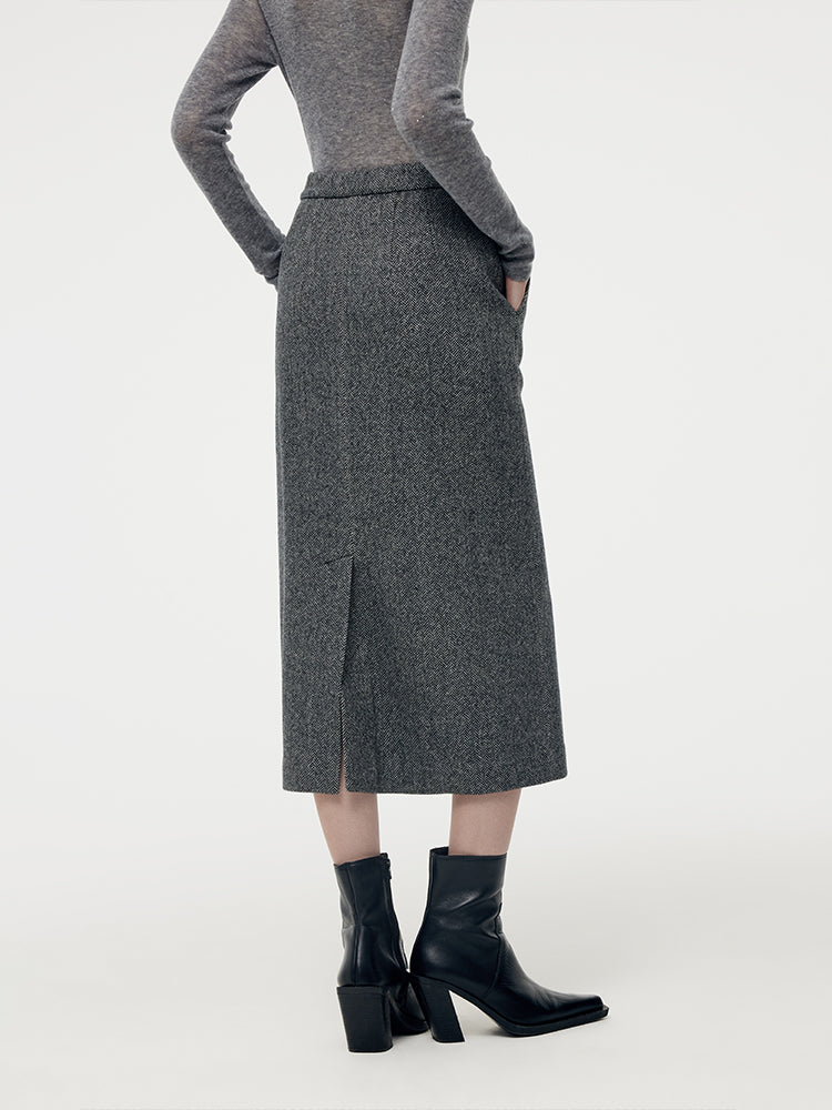 Talia | Women’s wool blend herringbone straight midi skirt