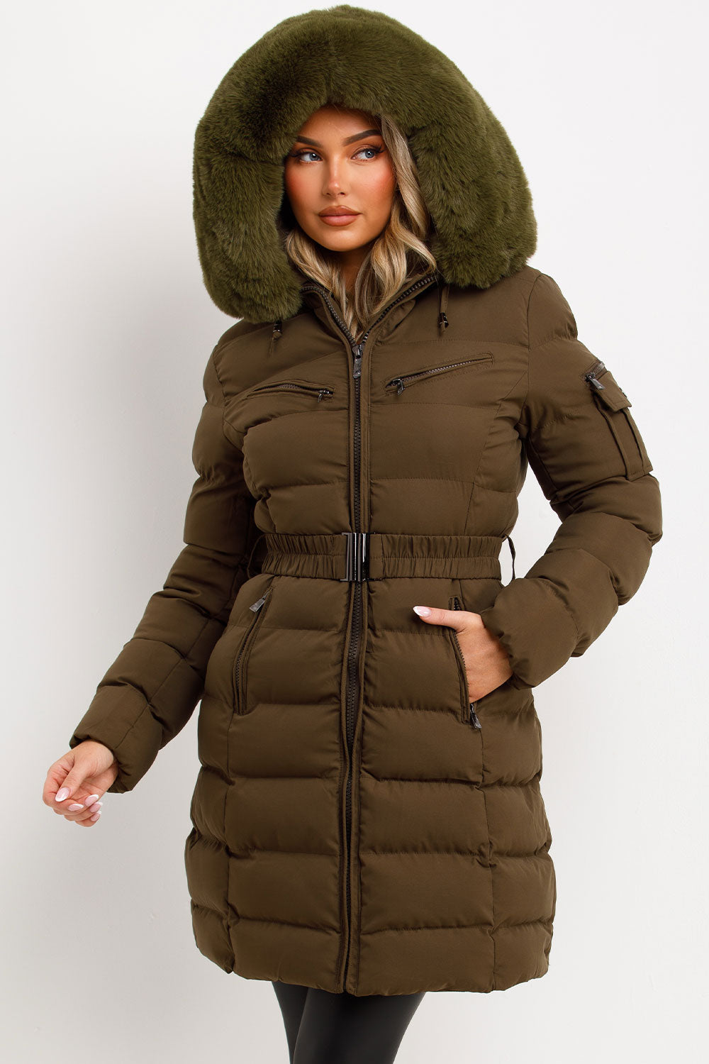 Lillie | Women’s longline belted puffer coat with faux fur hood