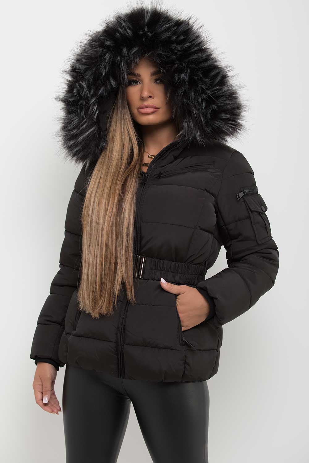 Reya | Women’s belted puffer jacket with faux-fur hood