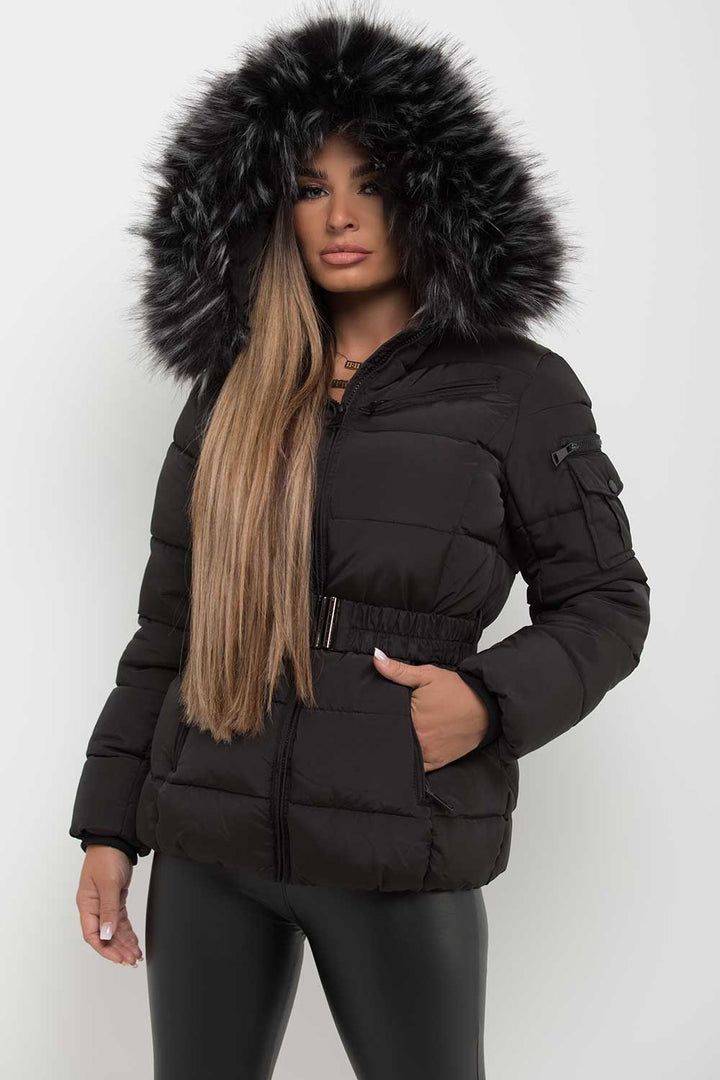 Reya | Women’s belted puffer jacket with faux-fur hood