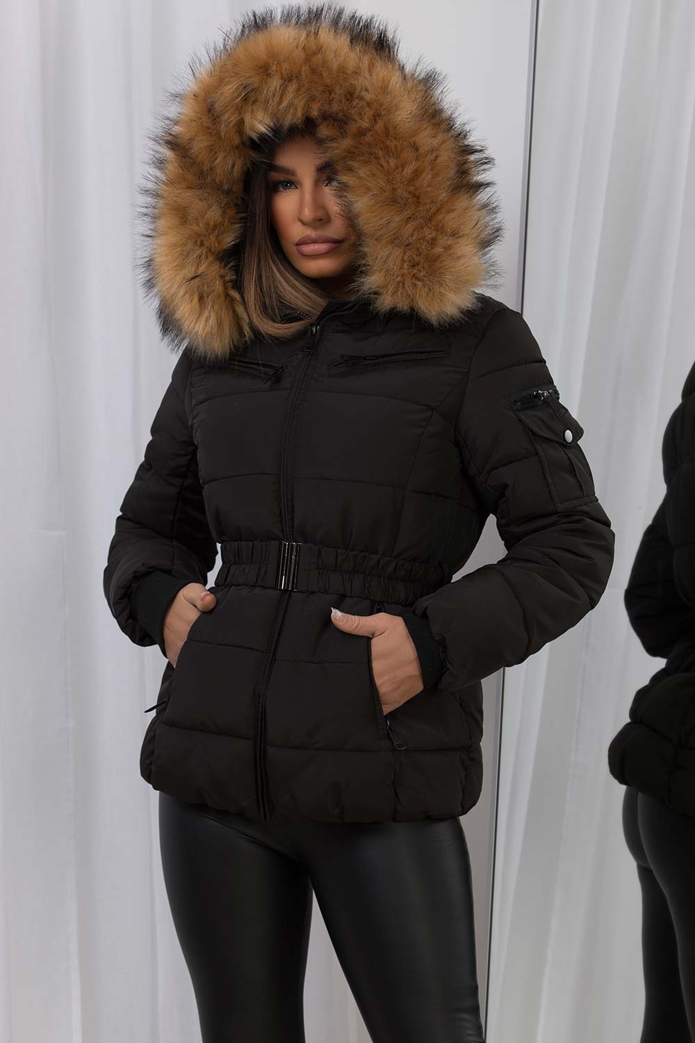 Ameliee | Women’s belted puffer jacket with faux fur hood