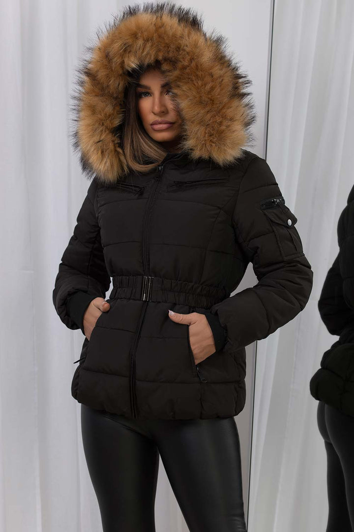 Ameliee | Women’s belted puffer jacket with faux fur hood