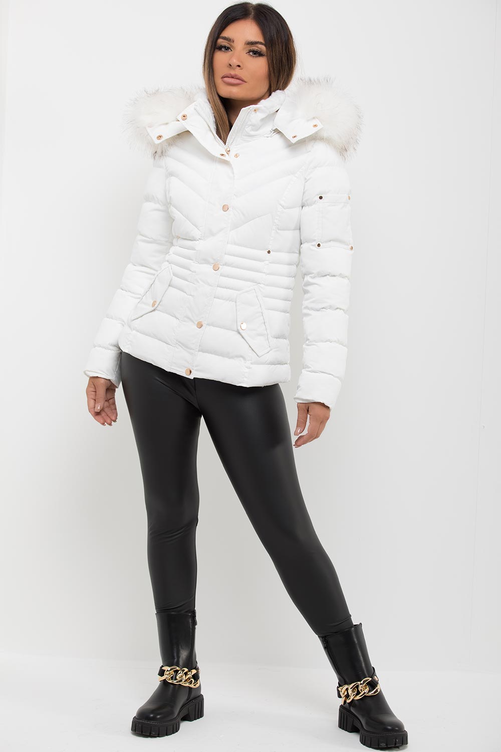 Avalette | Women’s white puffer coat with faux fur hood and padded quilted design