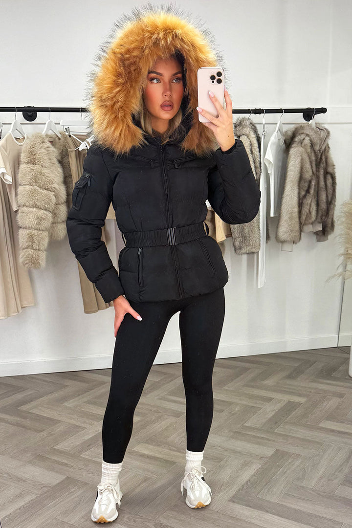 Ameliee | Women’s belted puffer jacket with faux fur hood