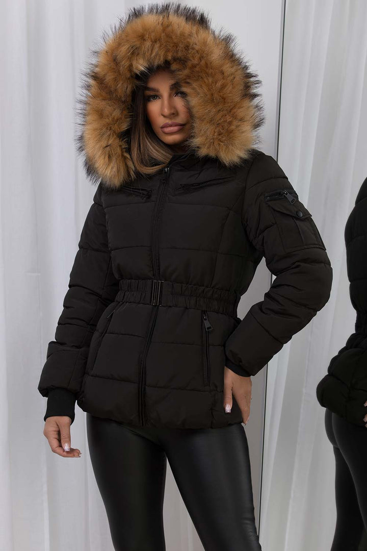 Ameliee | Women’s belted puffer jacket with faux fur hood