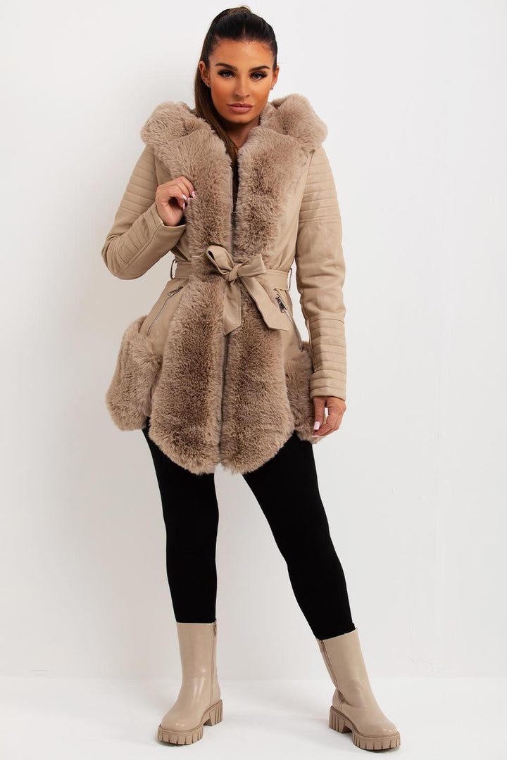 Salem | Women’s faux leather faux fur hooded jacket with wait belt