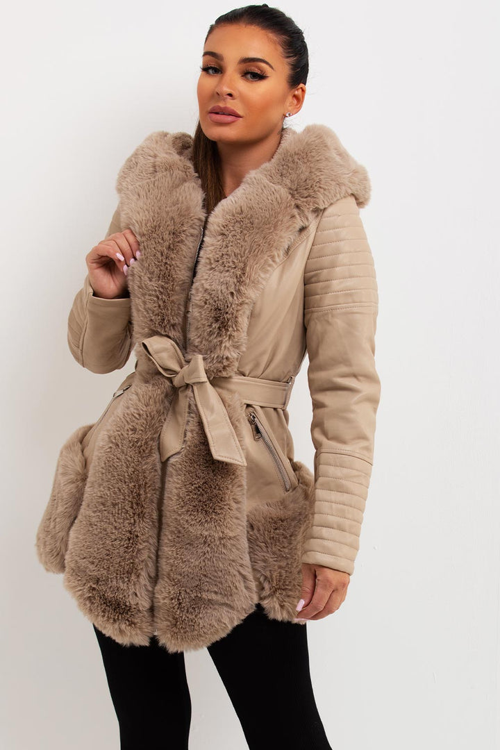 Salem | Women’s faux leather faux fur hooded jacket with wait belt