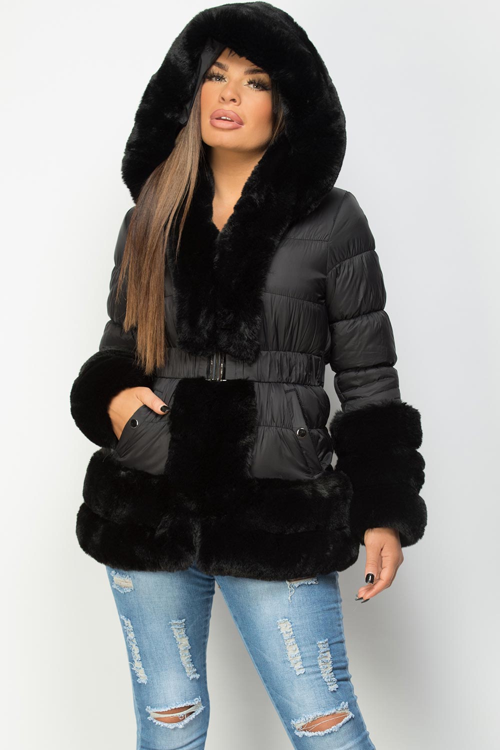 Rayna | Women’s belted puffer jacket with luxury faux fur trim