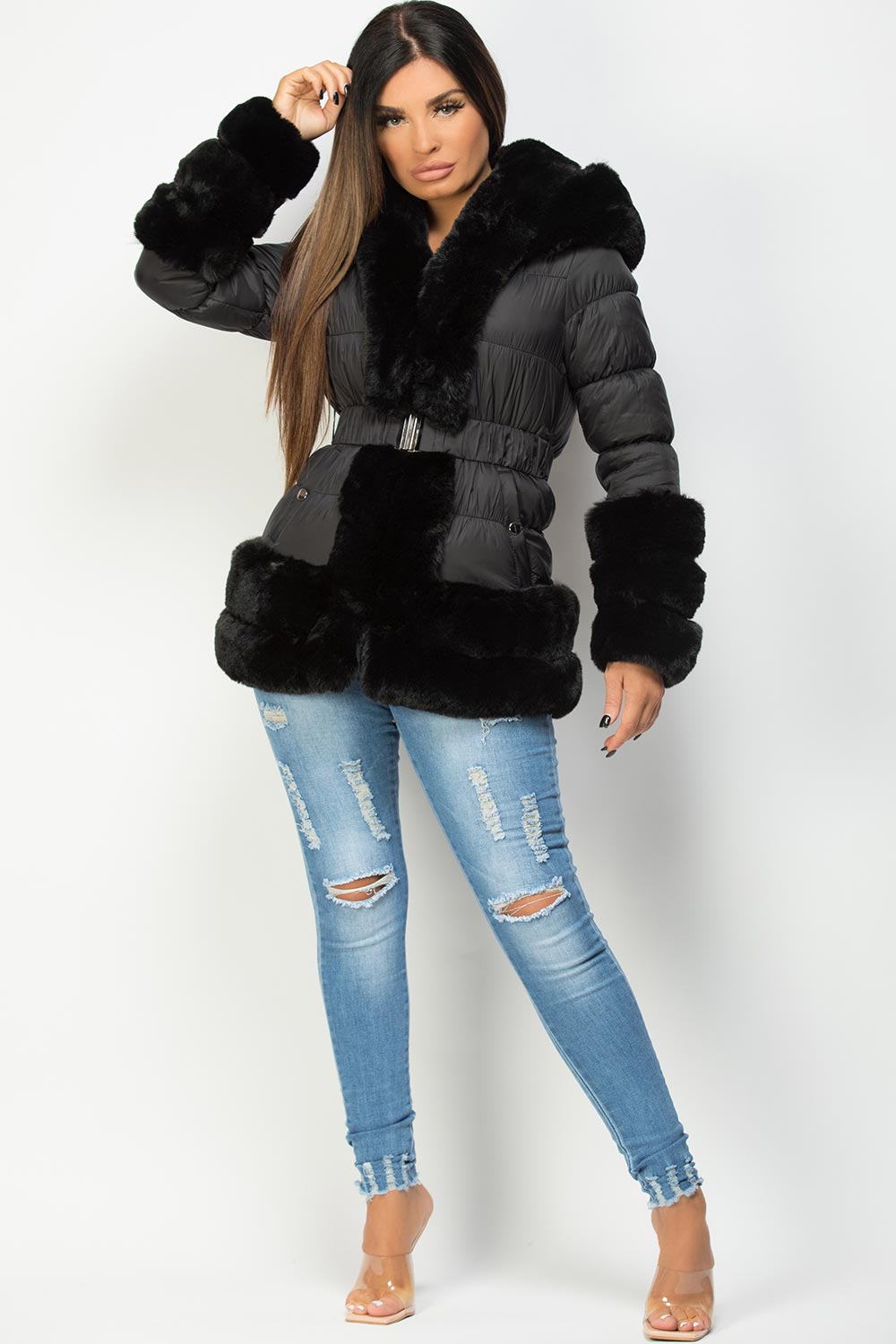 Rayna | Women’s belted puffer jacket with luxury faux fur trim