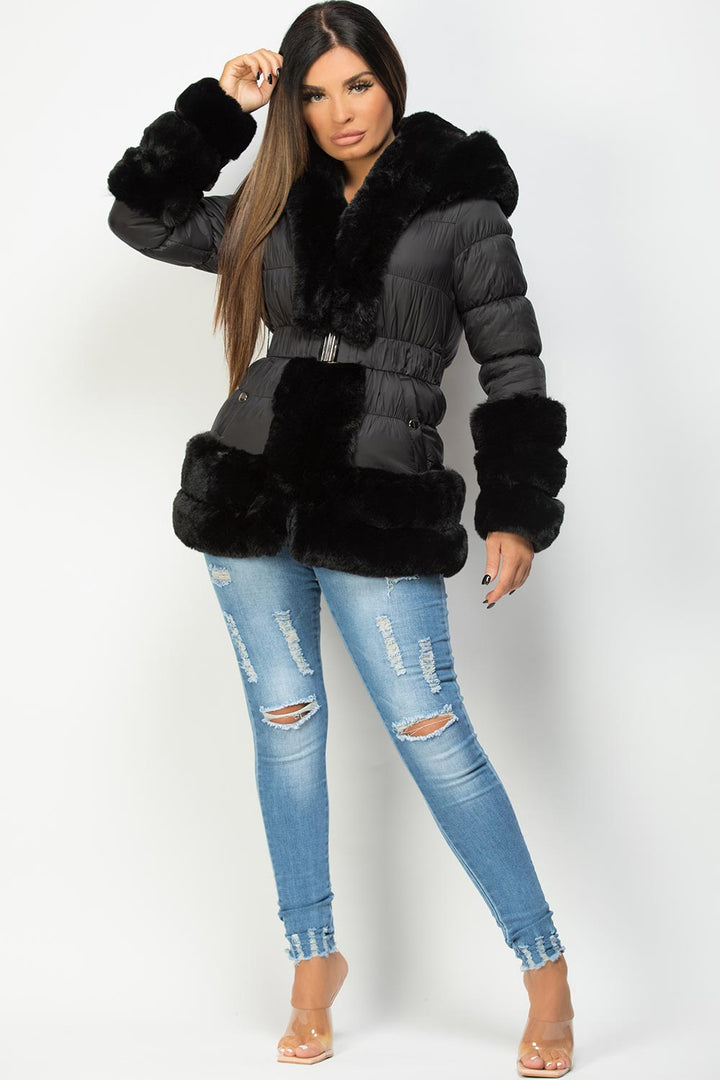 Rayna | Women’s belted puffer jacket with luxury faux fur trim