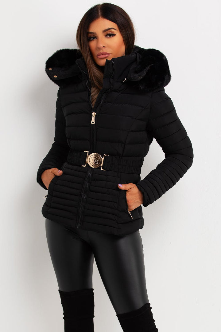 Kahlani | Women’s padded puffer jacket with faux fur hood and belt
